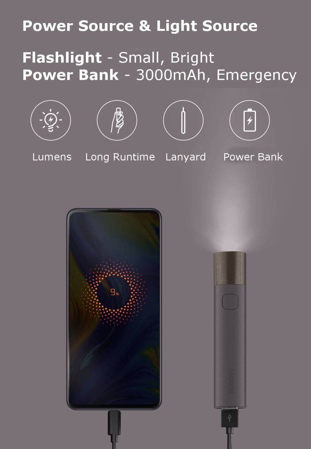 Xiaomi SOLOVE X3S Dual-Function USB Rechargeable Flashlight & Power Bank